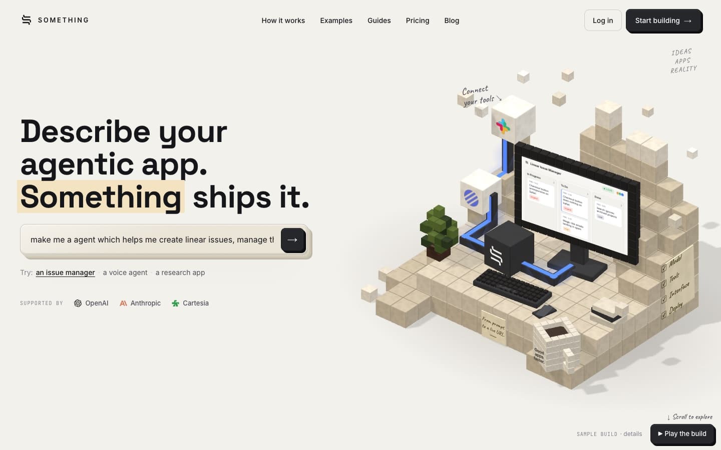 The something.cloud landing page hero with the voxel workstation